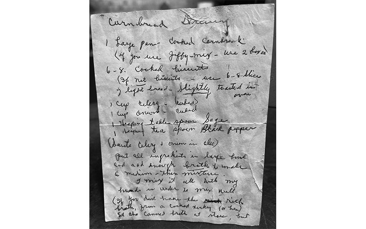 A picture of a handwritten cornbread stuffing recipe from Byron Walker's grandma Barbara. 